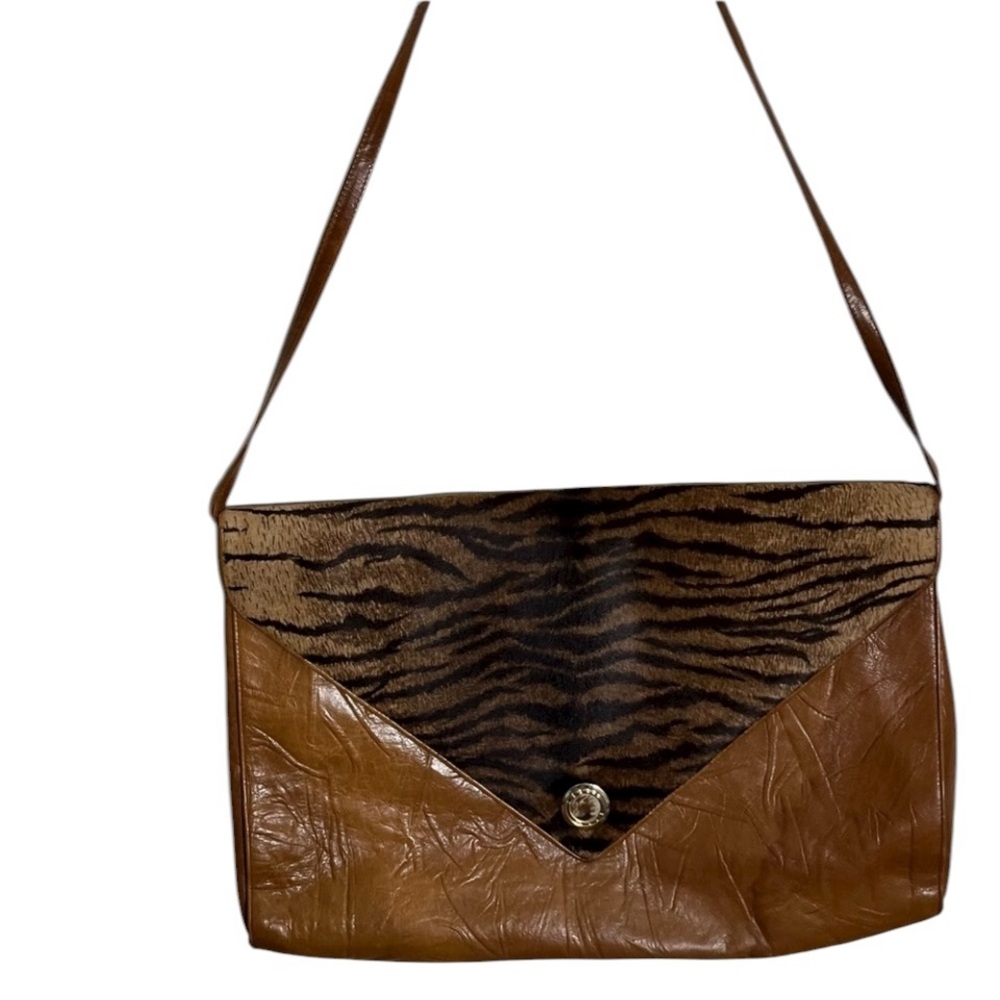 Gabriella cognac Brown leather animal print envelope crossbody bag communter bag
